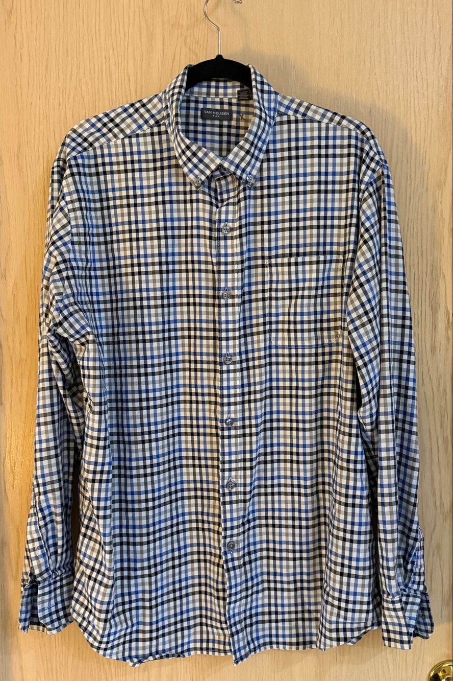 Van Heusen Flex Men’s XL Blue Gray White Plaid Stretch Button Down Shirt